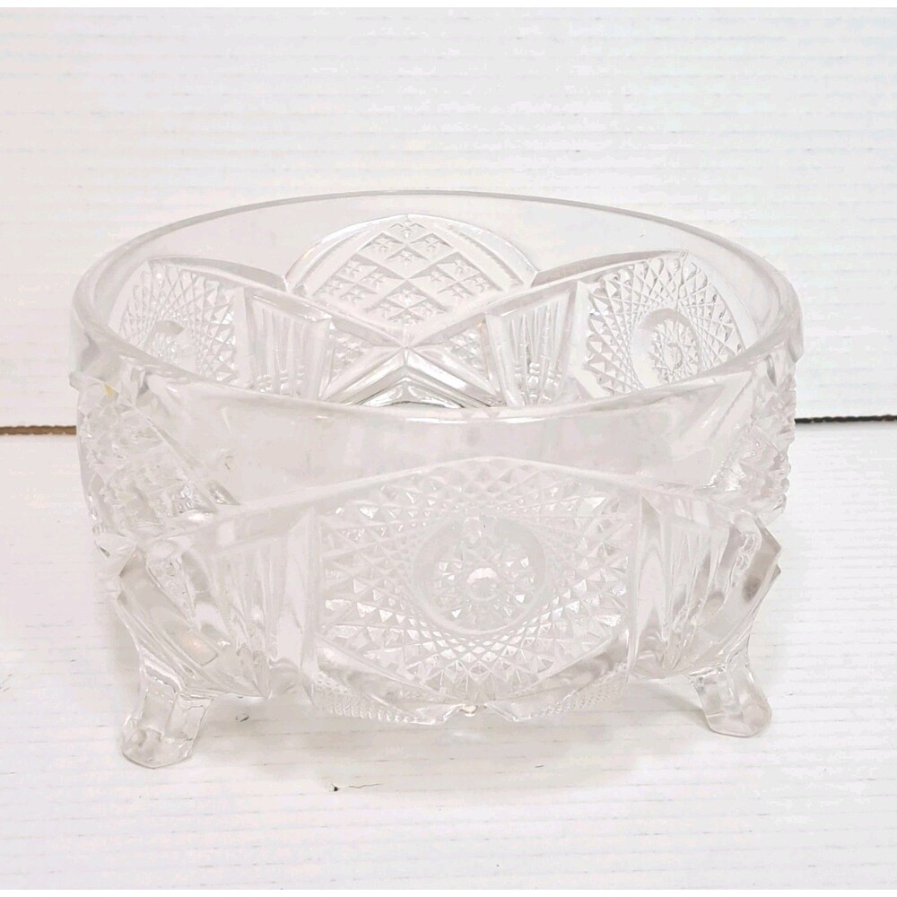 American Brilliant Cut Glass Three Footed Bowl Candy Dish 7 3/8 x 4 1/2 Vintage